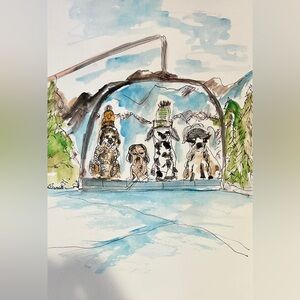 Original painted watercolor dog snow winter art